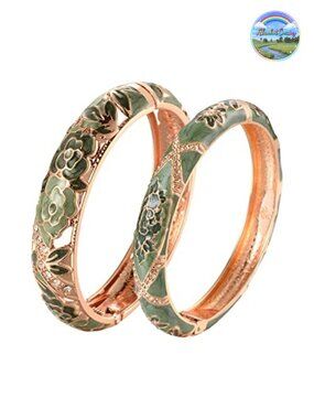 Vintage Enameled Rhinestone Rose Hinged Cuff Bracelet Set